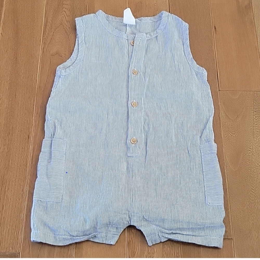 H&M Blue and White Striped Linen Romper 6 Months